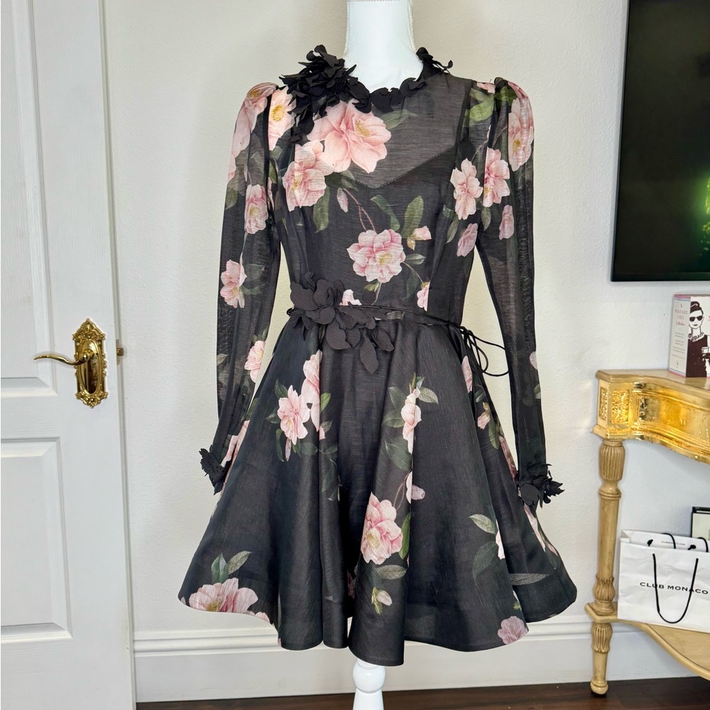 Zimmermann Pink and Black Fit and Flare Mini Dress with Bishop Sleeves